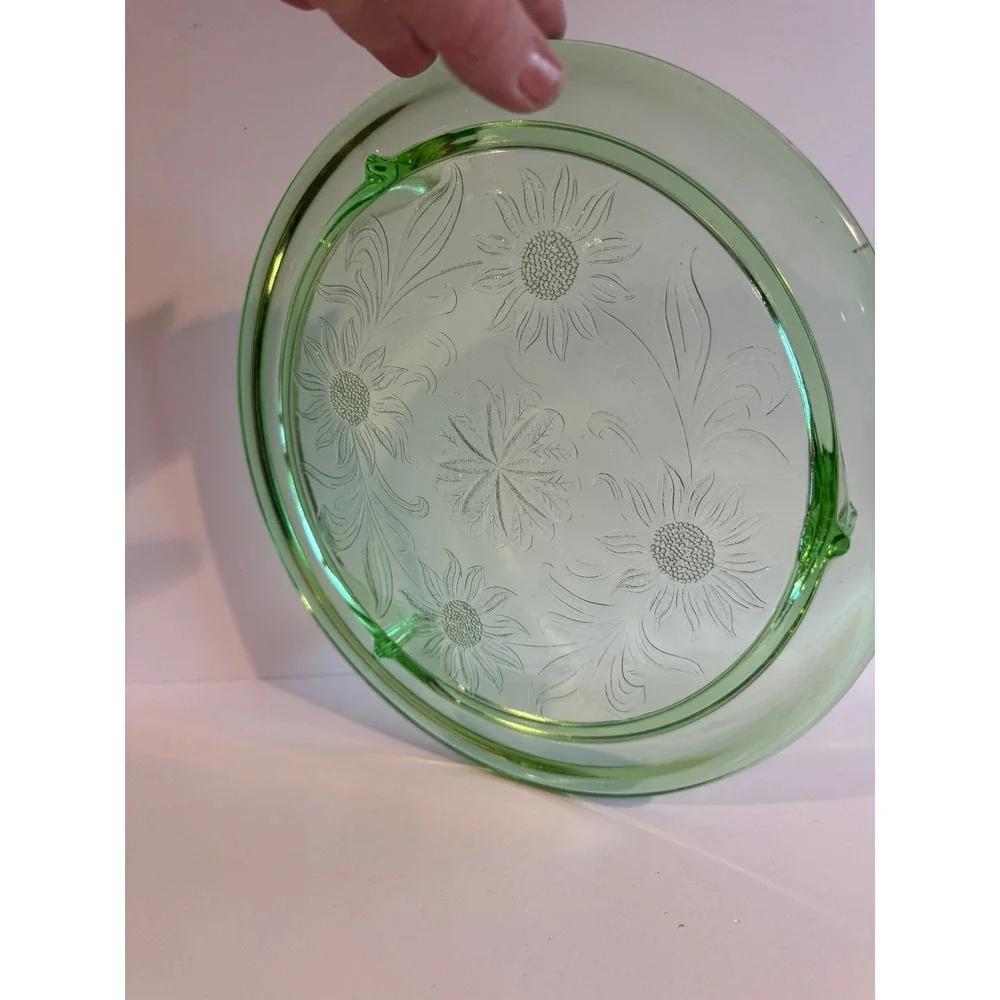 Vintage Uranium Depression Glass Cake Plate Floral Pattern Footed Glows Under UV